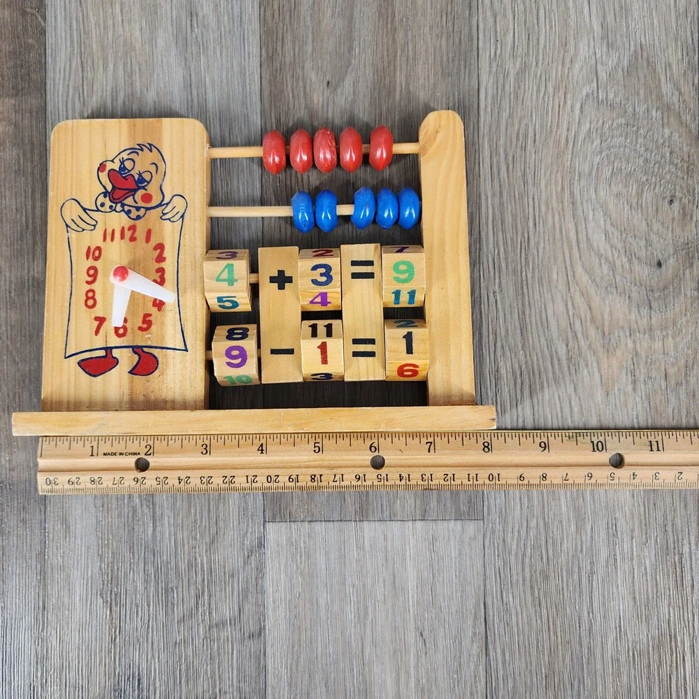 Vintage Wooden Abacus Clock Math Learning Toy Addition Subtraction Duck